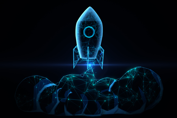 Start, income, success and business concept with digital glowing blue rocket on dark background. 3D rendering